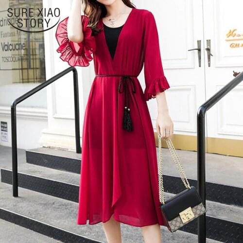 Thin Sun-Proof Clothing Irregular Chiffon Shawl Womens Mid-Length Three-Quarter Sleeve Elegant Fashion Summer Cardigan 9737