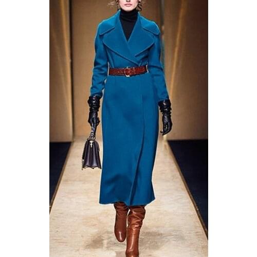 Live Special Suit Collar Blue Gathered Waist Tweed Coat Fashion Medium Length Coat 2021 Winter New