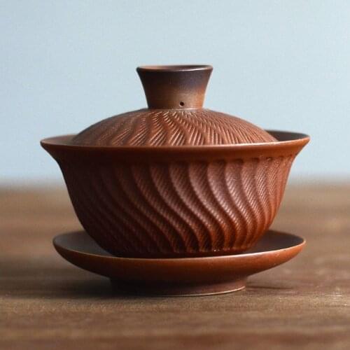 Vintage Coarse Pottery Gaiwan Japanese Ceramic Teapots Tea Tureen Tea Bowl with Saucer Cover For Pu'er Portable Drinkware