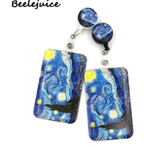 Art Van gogh Oil Painting Starry Sky ID Retractable Badge Holder Reel ID Badge Holder Clip Key Ring ID Card Keychain Nurse Work