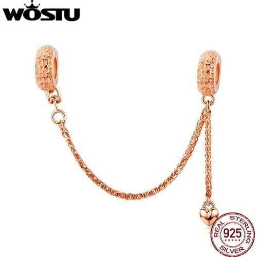 WOSTU 100% 925 Sterling Silver Safety Chain Rose Gold Charm Fit Original Bracelet Pendant Women Wedding Luxury Jewelry CQC1112-C