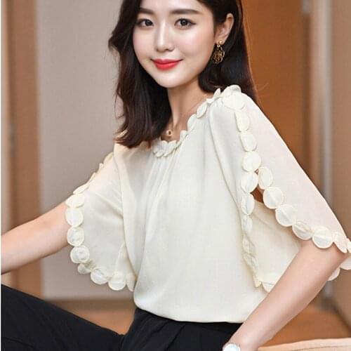 Women Spring Summer Style Chiffon Blouses Shirts Lady Casual O-Neck Short Flare Sleeve Pink Beige Blusas Tops DD8881