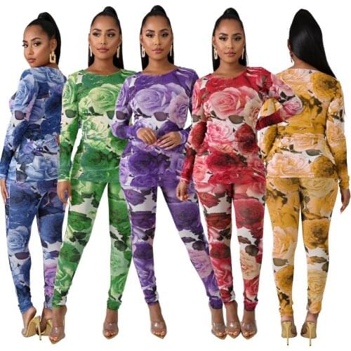 AYES Women Flower Print 2 Piece Set Long Sleeve Shirt + Pants Femme 2021 Autumn Female Casual Suits Matching Set Outfits