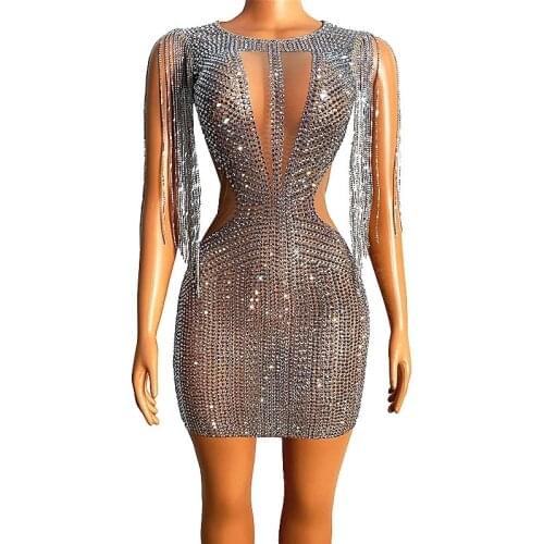 Rhinestone Fringe Transparent Short Dress Birthday Celebrate Chain Shoulder Outfit Women Dancer Evening Party Dress