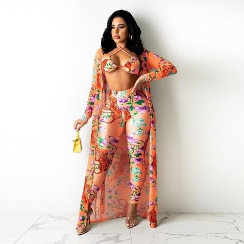 2021 New Arrival Famous Brand 3 pcs Women Set Luxury Print X-long Outwear Strapless Short Tops Long Pants Sexy Club Outfits