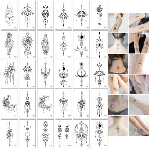 30pcs Ankle Black Line Body Art Flash Fake Waterproof Temporary Tattoos Women Arm Leg Chest Tatto Stickers Custom Flower Tatoos