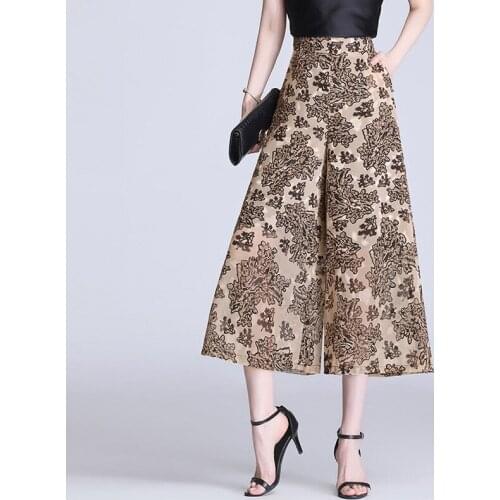 Summer Women High Waist Thin Wide-Leg Pant Floral Chiffon Ankle-Length Pants Female Fashion Eight-Point Skirt Trousers RE2086