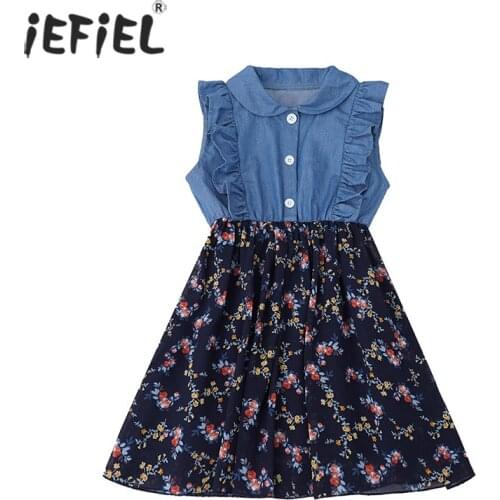 Girls Denim Floral Dress Summer Party Dress Children Flower Ruffled Doll Collar Sleeveless Casual Clothing Baby Girl Kids Outfit
