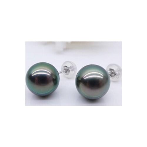 Hj 00460 natural 10-11mm tahitian round black green pearl stud earrings