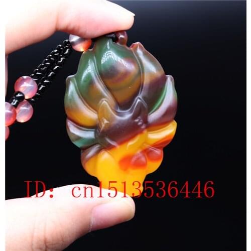 Chinese Colorful Jade fox Pendant Necklace Jewellery Hand-Carved Relax Healing Women Man Gift Free Rope