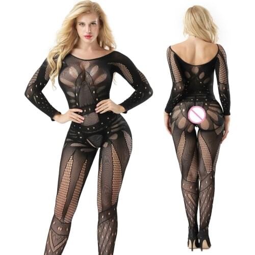 Hot babydoll Sexy Long sleeves Backless catsuit Erotic Hollowing out lingerie teddy Bodystocking porno Open crotch Bodysuits