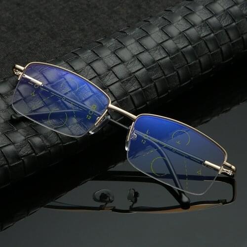 Spring Hinge Metal Progressive Multifocal Reading Glasses Men Anti Blue Light Presbyopic Glasses Alloy Frame Black Near and Far