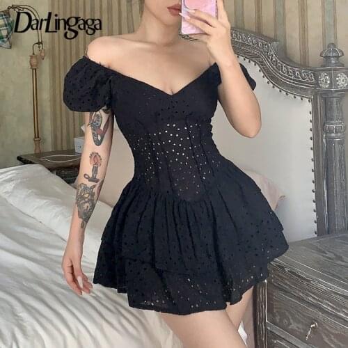 Darlingaga Fashion Elegant Corset Ruffles Black Dress Female Double Layer Vintage Sexy Party Dress Birthday Hollow Stitching New