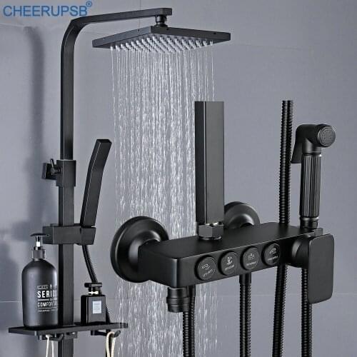 Thermostatic Shower Set Bathroom Wall Mount Black Shower System Hot Cold Mixer Bath Faucet Square Head SPA Rainfall Brass Taps