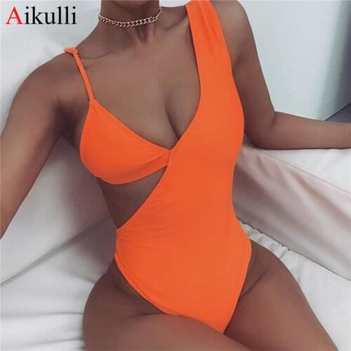 Solid One Piece Swimsuits For Women Bikini Sexy Irregular High Legs Swim Bathing suits 2020 New Summer Woman Monokini Beachwear