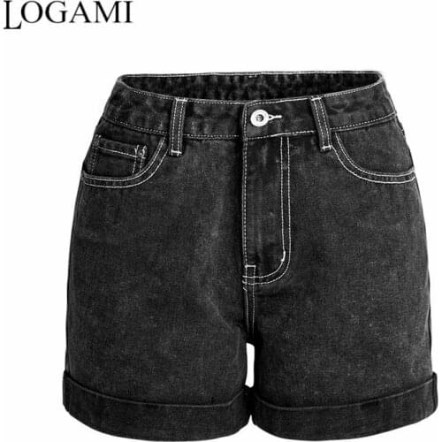 LOGAMI Casual Denim Shorts Women High Waist Jeans Shorts Black
