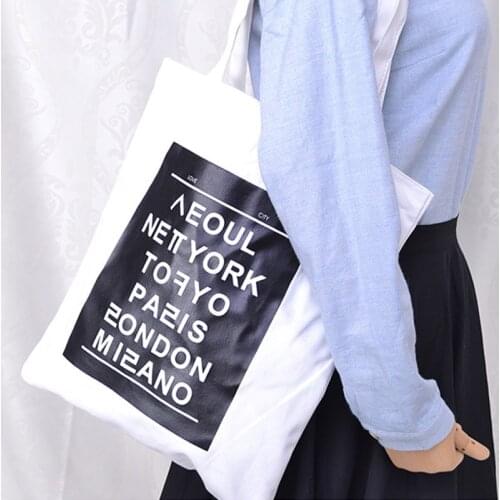 Women Canvas Bag Famous City Name Printed Cotton Cloth Handbag Black White Design Shoulder Bags Casual Shopping Tote Girls Purse