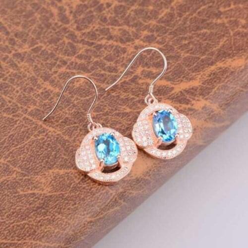 Natural blue topaz stone drop earrings 925 silver Natural gemstone earring women Classic elegant round drop earrings for party