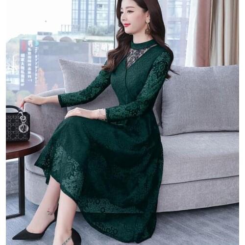 High Quality 2020 Hot Sale New Arrival Elegant Stand Collar Flower Hollow-out Long Sleeve Woman Lace Long Dress