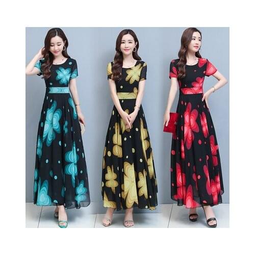 Elegant Summer Dress Women Short Sleeve O-neck Long A-line Chiffon Floral Print Vestidos Sukienki Ropa Mujer Vadim 6453
