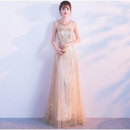 Gold Sexy Evening Dresses Qi Pao Women Chinese Clothing Dress Cheongsam Modern Femme Slim Party Gown Host Qipao Robe Orientale