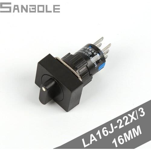 16mm Rotary Switch LA16J-22X/3 Silver Contact 2NO 2NC 6 Foot 3 positions Knob 220V with Lock Push Button Switch (5PCS)