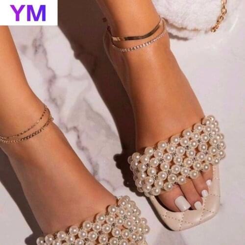 Pink 2021 Pearl Women Sandals Slippers Square Toe Slides Summer Fashion Design Ladies Size 35-43 Zapatillas Mujer Casa Flat