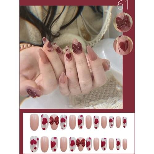 24Pcs/Set Pink White Fake Nails Love Heart Print 3D Bow Designs Glue Type Removable Long Paragraph Fashion Full Cover Manicure