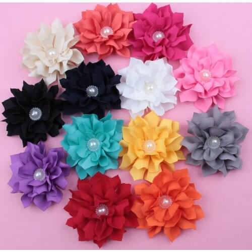 30pcs/lot)3.6" 13 Colors Fabric Lotus Leaf Flower For Girls' Dress Chic Shiny Pearl Crystal Flowers For Hair Accessories