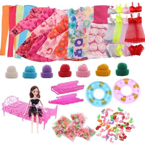 ZWSISU 37 Pcs/Set Items Doll Accessories 4 Clothes+10 Prs Shoes+20 Hangers+1 Swim Ring+1 Bed Set+1 Hat
