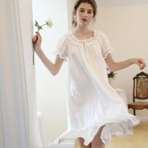 Princess White Short Sleeves Sleepwear Simple Round Neck Pure Cotton Nightgowns Girls Summer Sweet Knee-Length Home Dress New