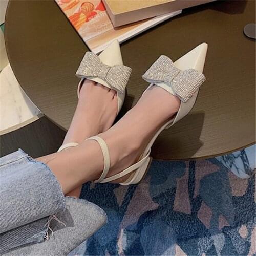 PXELENA Luxury Crystal Rhinestone Butterfly-knot Women Genuine Leather Sandals Pointed Toe Ankle Strap Low Heels Comfort Shoes