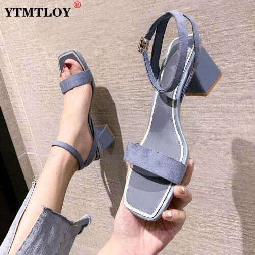Ladies Ankle-wrap Shoes Summer Gladiator Sandals Women Square Heel Party Wedding High Heel Sandals Open Casual Sexy Blue