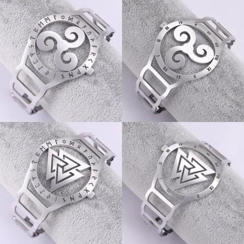 LIKGREAT Triskel Valknut Wicca Symbol Stainless Steel Bracelet Bangle for Women Men Open Cuff Bracelets Watch Shape Jewelry Gift