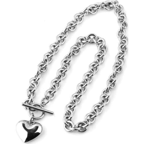 1Set Women Stainless Steel Chain Heart Toggle Bracelet Necklace Jewelry Gifts LX9E