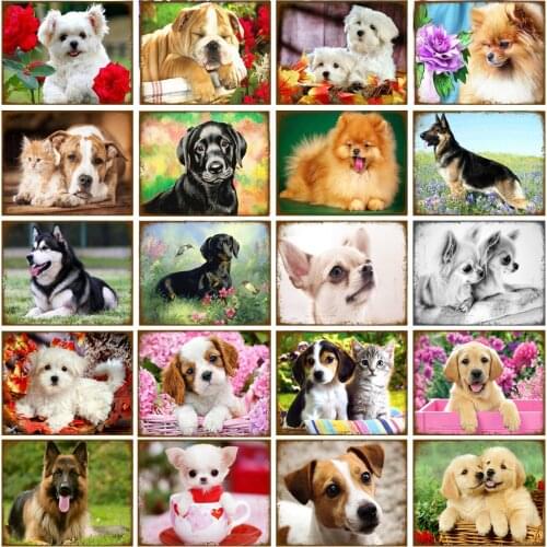 Pet Dog Cat Bulldog Samoyed Vintage Poster Metal Tin Sign Pub Bar Cafe Home Decor Pug Labrador Husky Wall Art Painting Plate