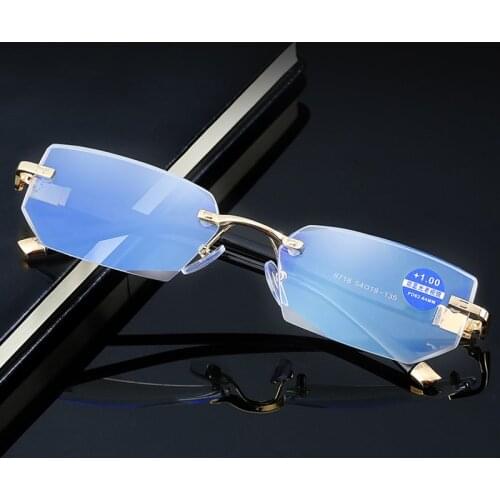 Fashion Rimless Diamond Trim Reading Glasses Anti Blue Light Presbyopic Glasses for Men Women Diopter +1.5 2.0 2.5