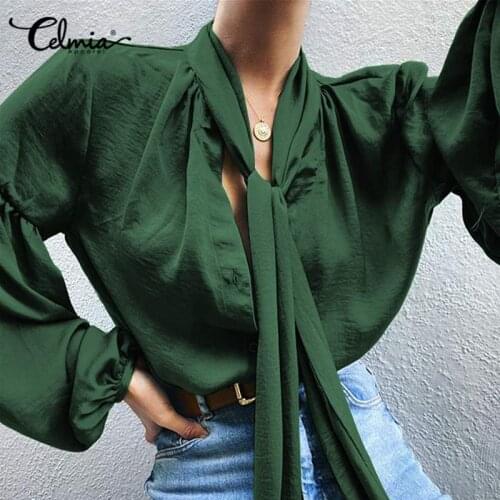 Celmia Women Fashion Shirts 2021 Casual Solid Loose Blouses Bow Tie Elegant Office Tunic Tops Party Blusas Femininas Plus Size