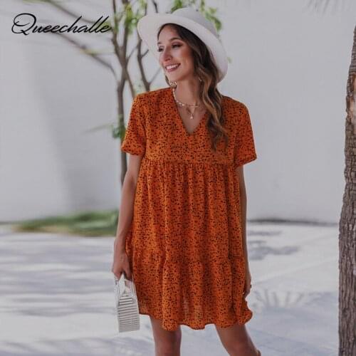Orange Dress Polka-dot Print Summer Sundresses Casual Black Ruffle Mini Loose A-line Dresses for Woman 2021 New Womens Clothing