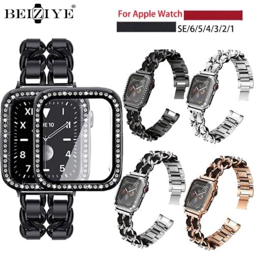 Stainless Steel Strap+Case For Apple Watch 6 Band 40mm 44mm Leather iWatch band 38mm 42mm series SE 6 5 4 3 Bracelet Accessories