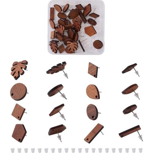 1Set Mixed Shapes CoconutBrown Wood Stud Alloy Earring Findings with Loop and Plastic Ear Nuts for Jewelry Making Accessories