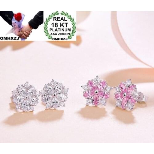 OMHXZJ Wholesale European Fashion Woman Girl Party Wedding Gift Sakura White AAA Zircon 18KT White Gold Stud Earrings EA233