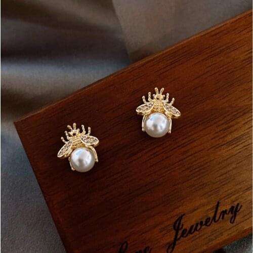 Korean Crystal Pearl Stud Earrings For Women Exquisite Honey Bee Earring Fashion Ear Jewelry Wedding Gift Mujer Boucle D'oreille