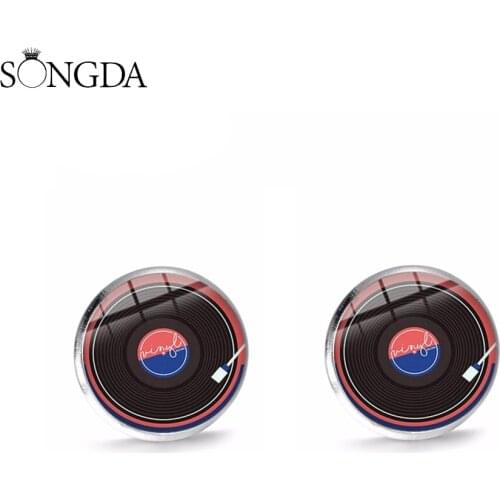 Retro Vinyl Record Stud Earrings Punk Vibes Tape DJ Vinyl Record Player Art Photo Glass Dome Ear Stud Music Theme Jewelry