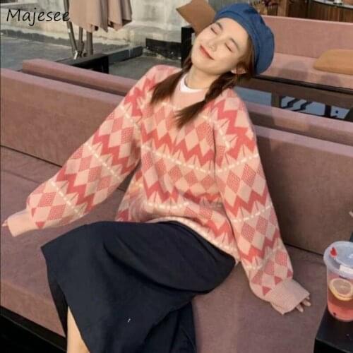 Sweater Women Pink Lovely Loose Retro Knitted Tops Couples Pullover Casual Long Sleeve Geometric Printed Korean Style Femme Chic