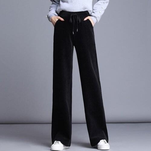 Corduroy Wide-leg Pants Women 2021 Spring Autumn High-Waist Drape Female Trousers Straight Loose Plus Size Pants Temperament W75