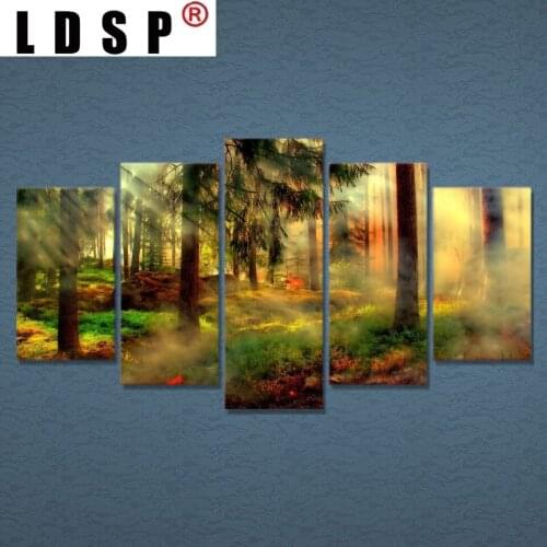 LDSP 5pcs Vintage Misty Forest Fire Poster Modular Picture Wall Art Decor Canvas HD Printed Oil Paintings For Living Home Decor