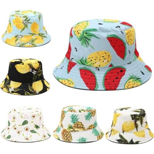 Women Summer Tropical Fruits Printed Bucket Hat Outdoor Sunscreen Reversible Double Sided Hip Hop Packable Panama Fisherman Cap