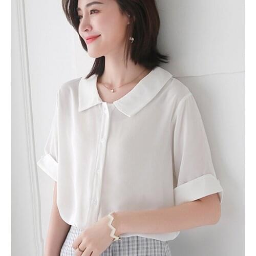 White chiffon blouse women shirt womens tops and blouses solid office blusas mujer de moda 2019 short sleeve shirts clothes