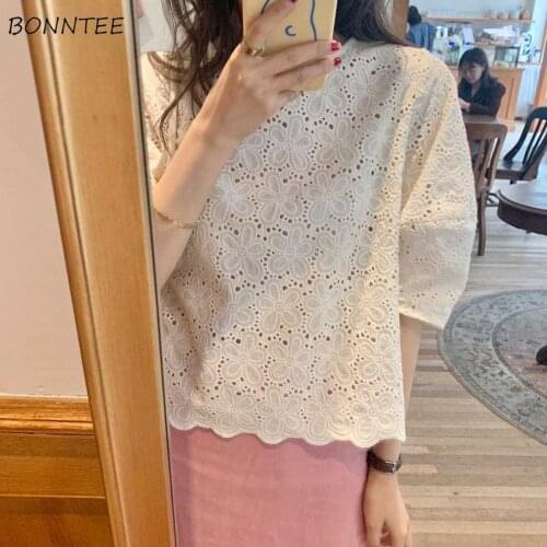 Blouses Women Loose Hook Flower Hollow All-match Summer Soft Oversize Sweet College Trendy Harajuku Streetwear Tops Blusa Mujer